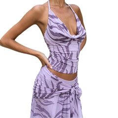 Zebra Print Sleeveless Halter Vest & A-Line Midi Skirt Casual Dress Set