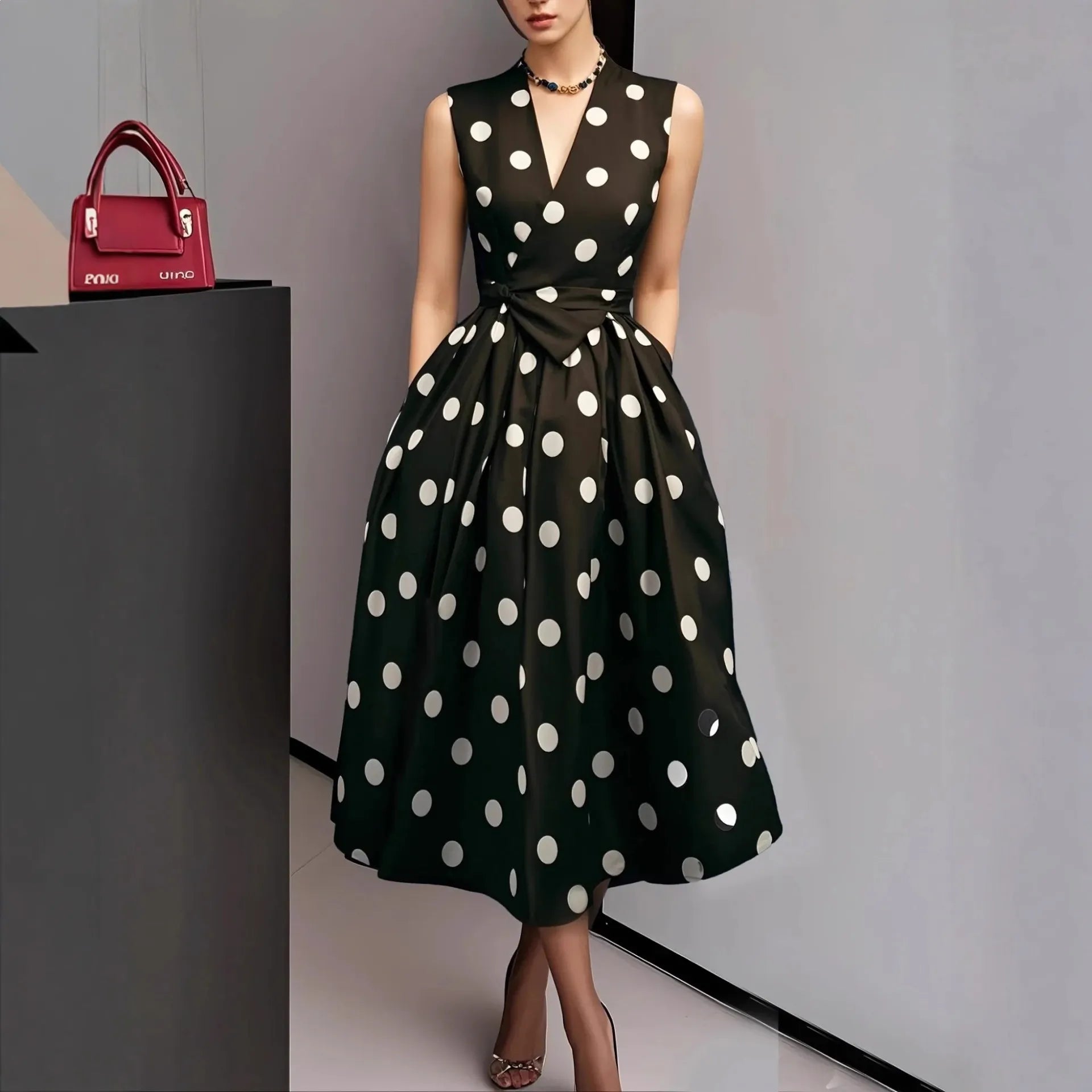 Polka Dot Sleeveless V-Neck Tutu Maxi Dress