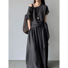Batwing Sleeve Loose Shirt Wide Leg Long Pants 2 Piece Linen Blend Casual Set