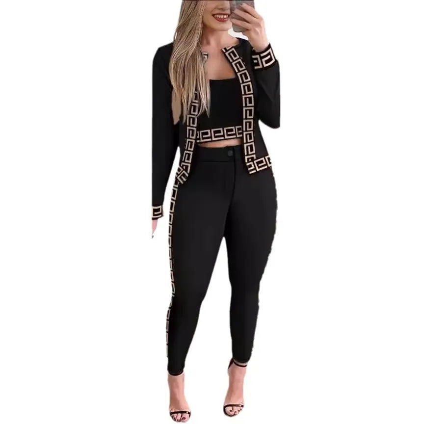 Elegant Plaid 3 Piece Suit, Long Sleeve Contrast Trim Jacket Cami And High Waist Trousers
