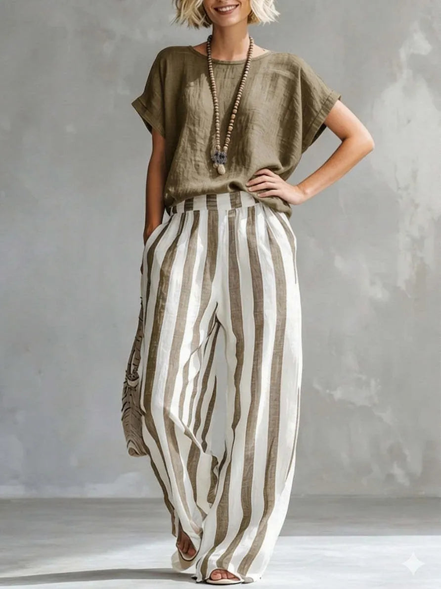 Solid Color Short-Sleeve Top & Striped Wide-Leg Pants Set