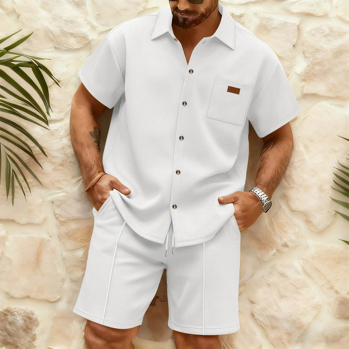 Men Lapel Short Sleeve Waffle Shirt Drawstring Shorts Two Piece Casual Suit