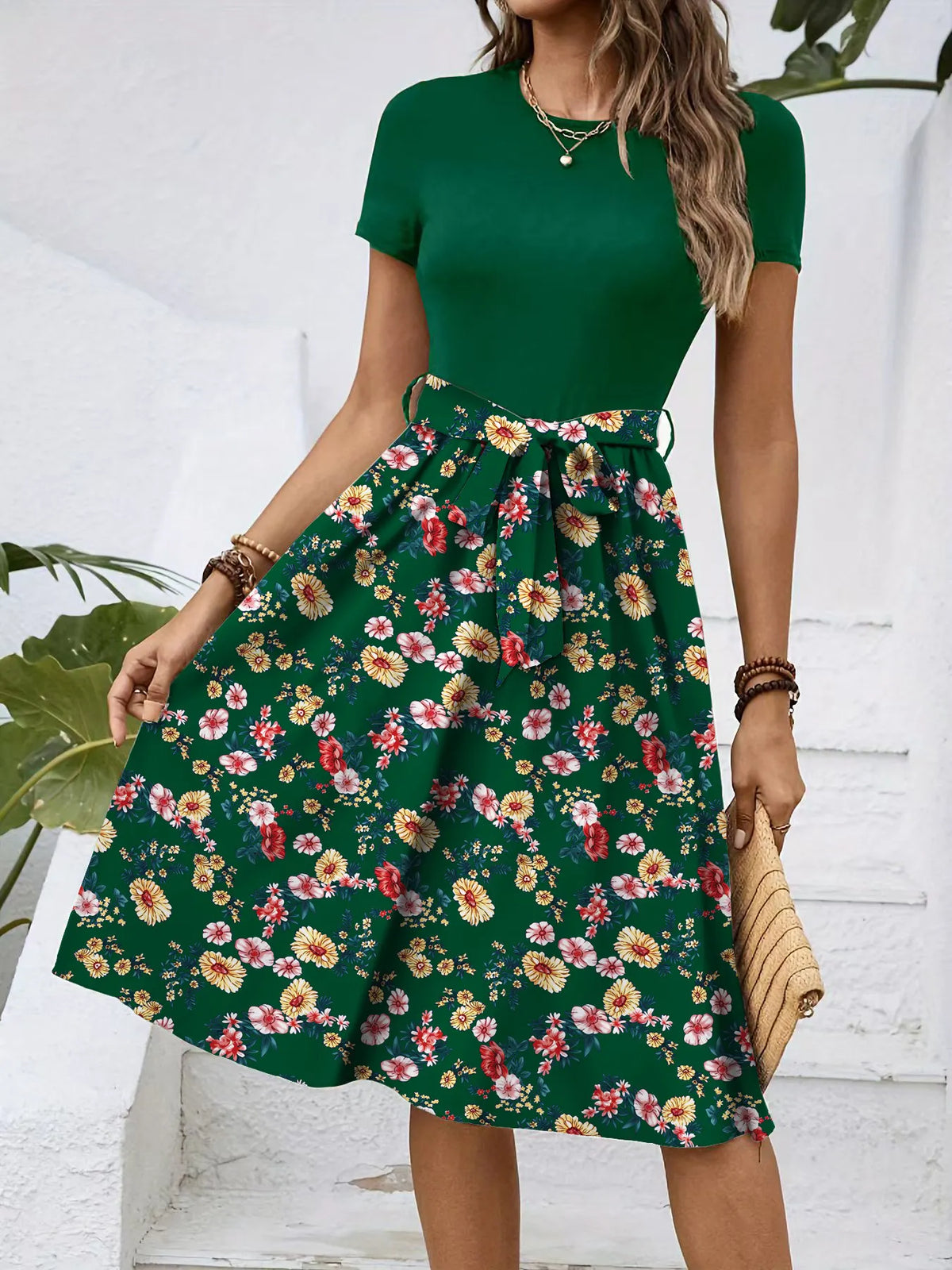 Color Block Floral Tie Waist A-Line Midi Dress Round Neck Short Sleeve Elegant Campus Daily Dress