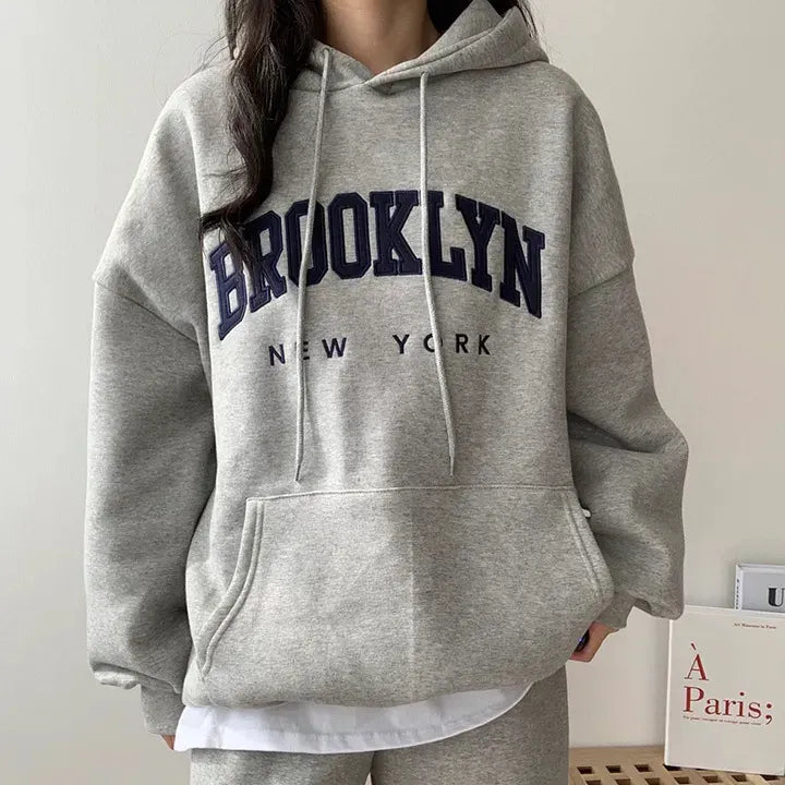 Brooklyn New York Letter Embossed Oversized Pullover Hoodie Casual Loose Sweatshirt