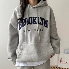 Brooklyn New York Letter Embossed Oversized Pullover Hoodie Casual Loose Sweatshirt