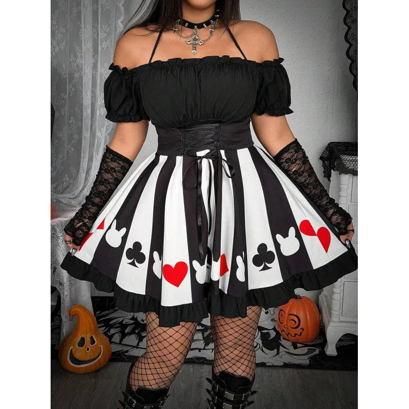 Playing Card Print Gothic Mini Dress, Off-the-Shoulder Puff Sleeve Waist Corset Lace-Up Heart Spade Club Diamond Costume