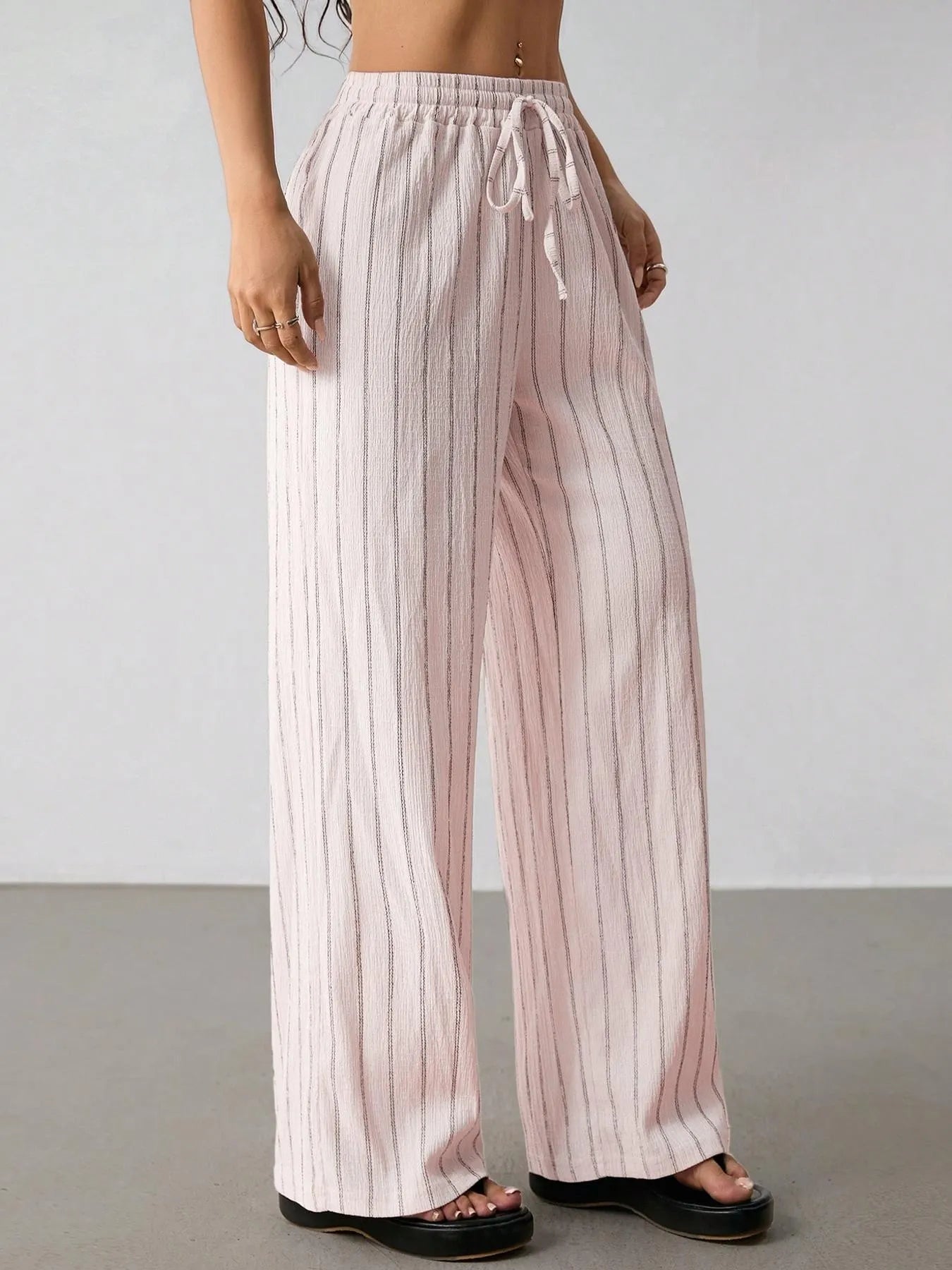 Vertical Striped Elastic Waist Wide Leg Pants