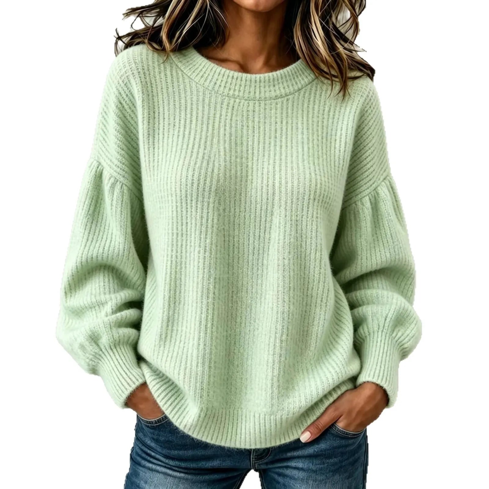 Balloon Sleeve Ribbed Hem Casual Knit Top