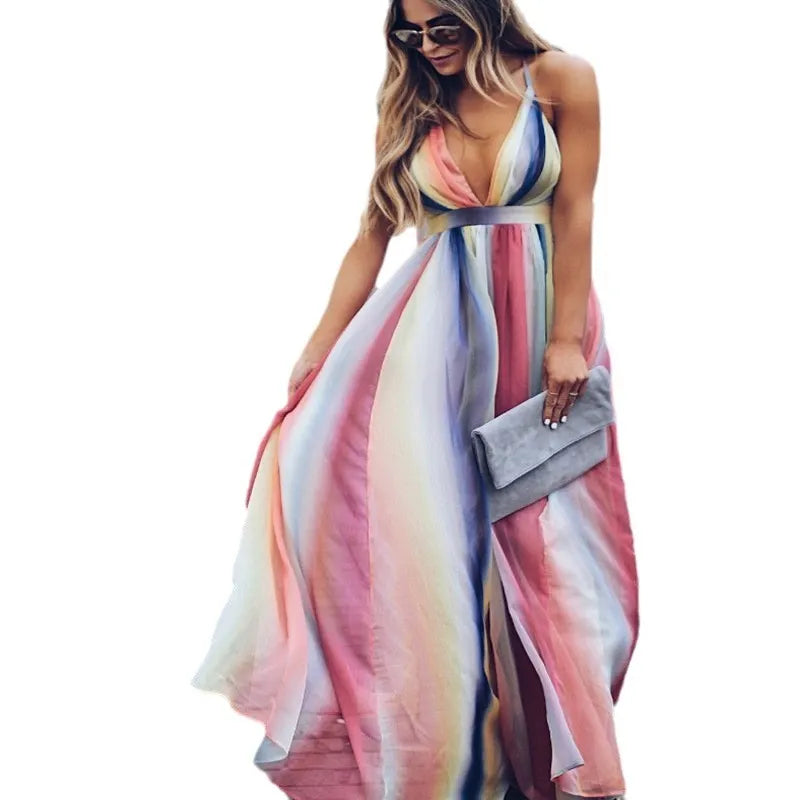 Rainbow Gradient Chiffon Maxi Dress