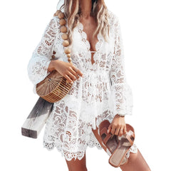 V-Neck Long Flare Sleeve Hollow Lace Drawstring Waist Cover-Up Romper Dress