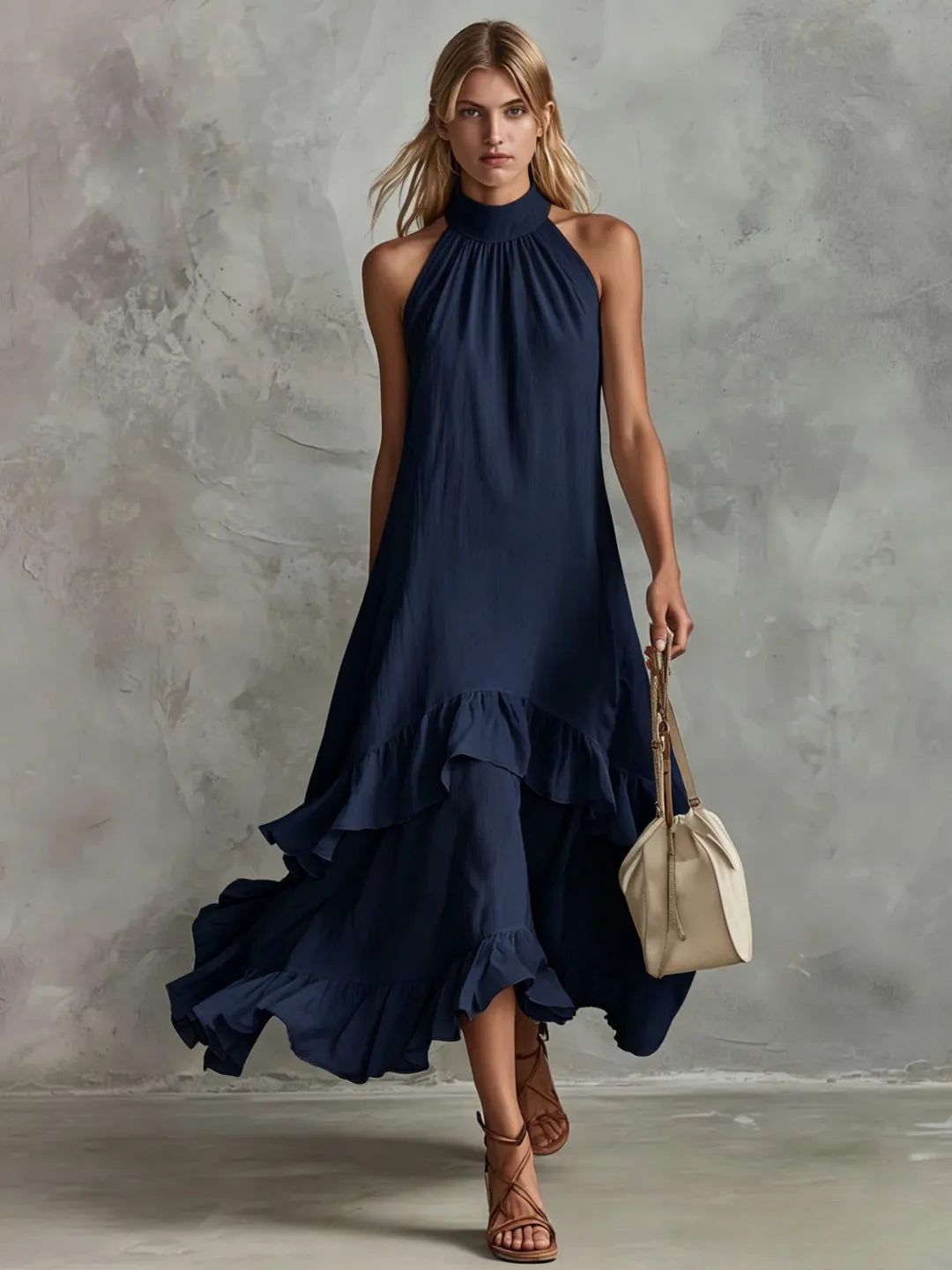 Halter Neck Tiered Ruffle Flowy Midi Chiffon Dress
