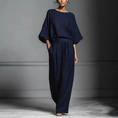 Brown Batwing Sleeve Top & Wide-Leg Pants Two-Piece Set