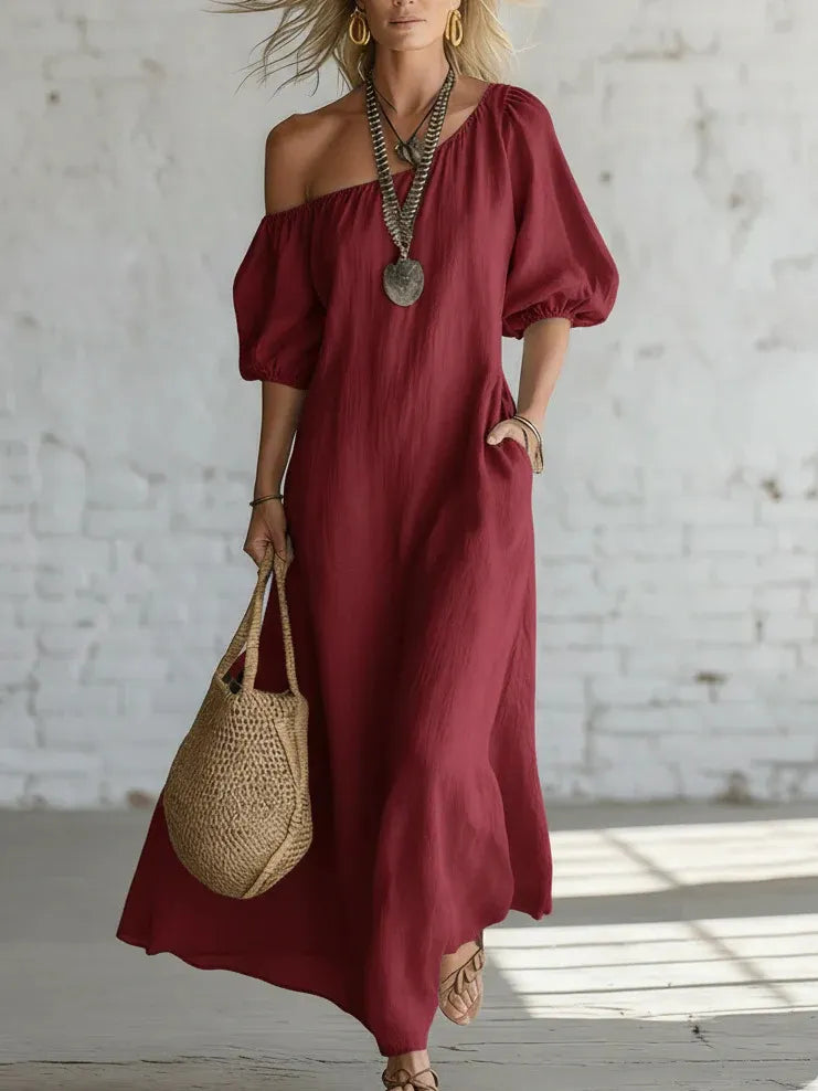 Solid Color Off Shoulder Puff Sleeve Pleated Midi Puffy Shirt Dress