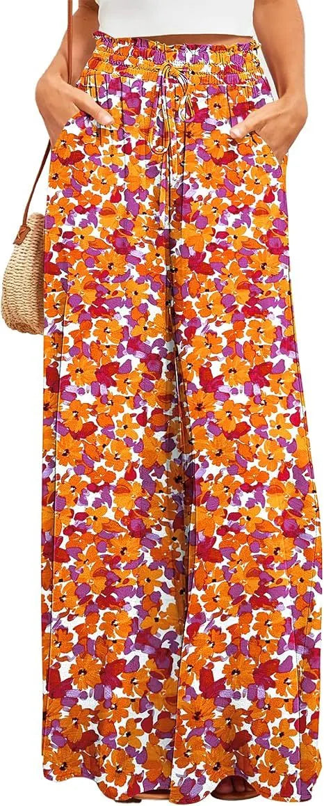 Boho Geometric Leaf Print Drawstring High Waist Non-Stretch Chiffon Loose Wide Leg Long Casual Pants