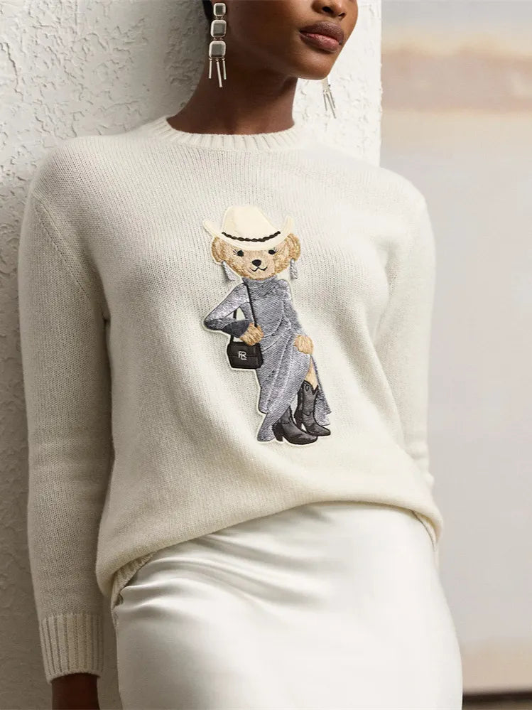 Cartoon Bear Applique Crew Neck Pullover Sweater