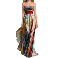 Color Block Strapless High Waist Pleated Maxi Dress