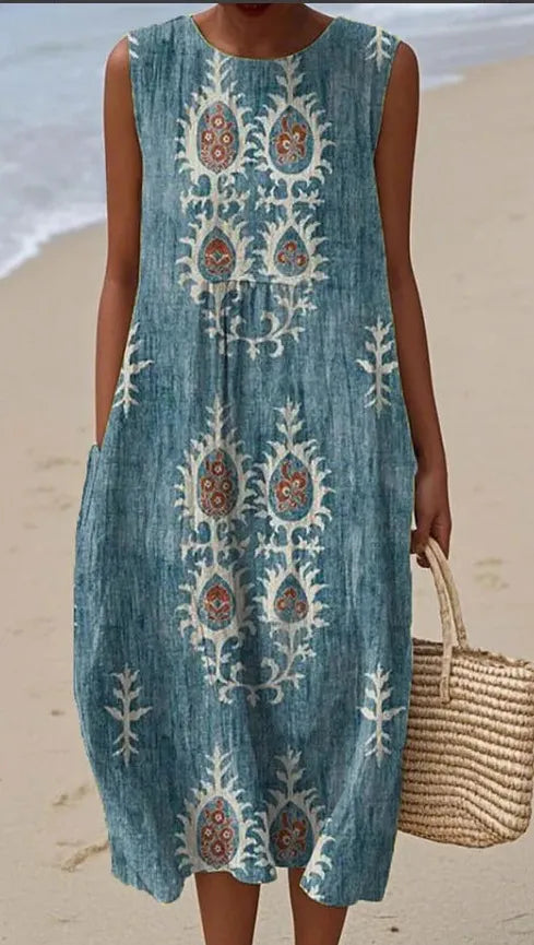 Round Neck Sleeveless 3D Floral Print Loose A-Line Midi Dress