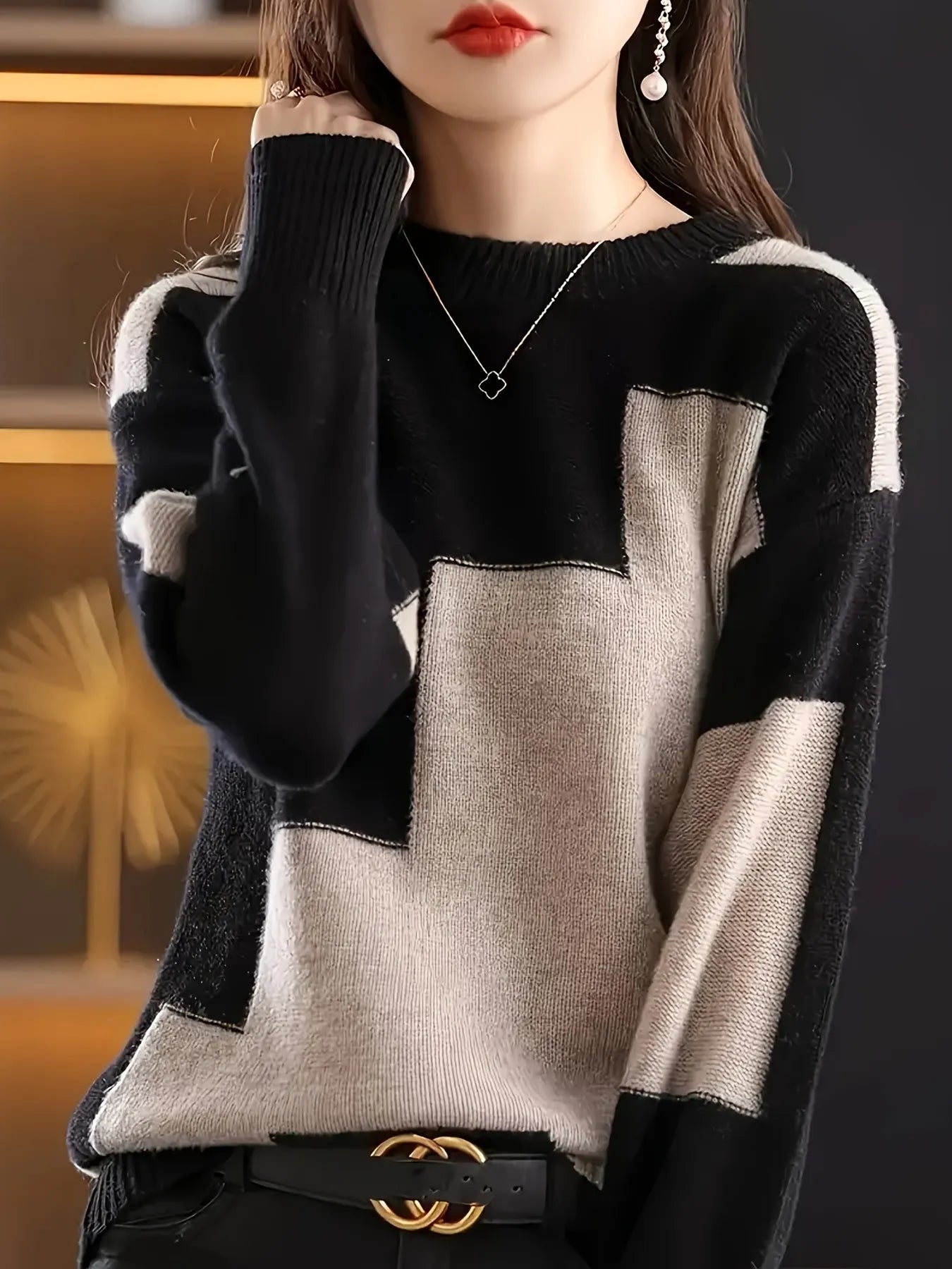 Crew Neck Argyle Color Block Knit Sweater