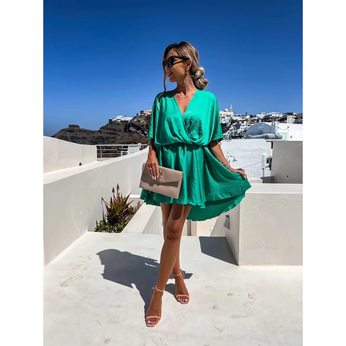 Batwing Sleeve Wrap Front Mini Dress