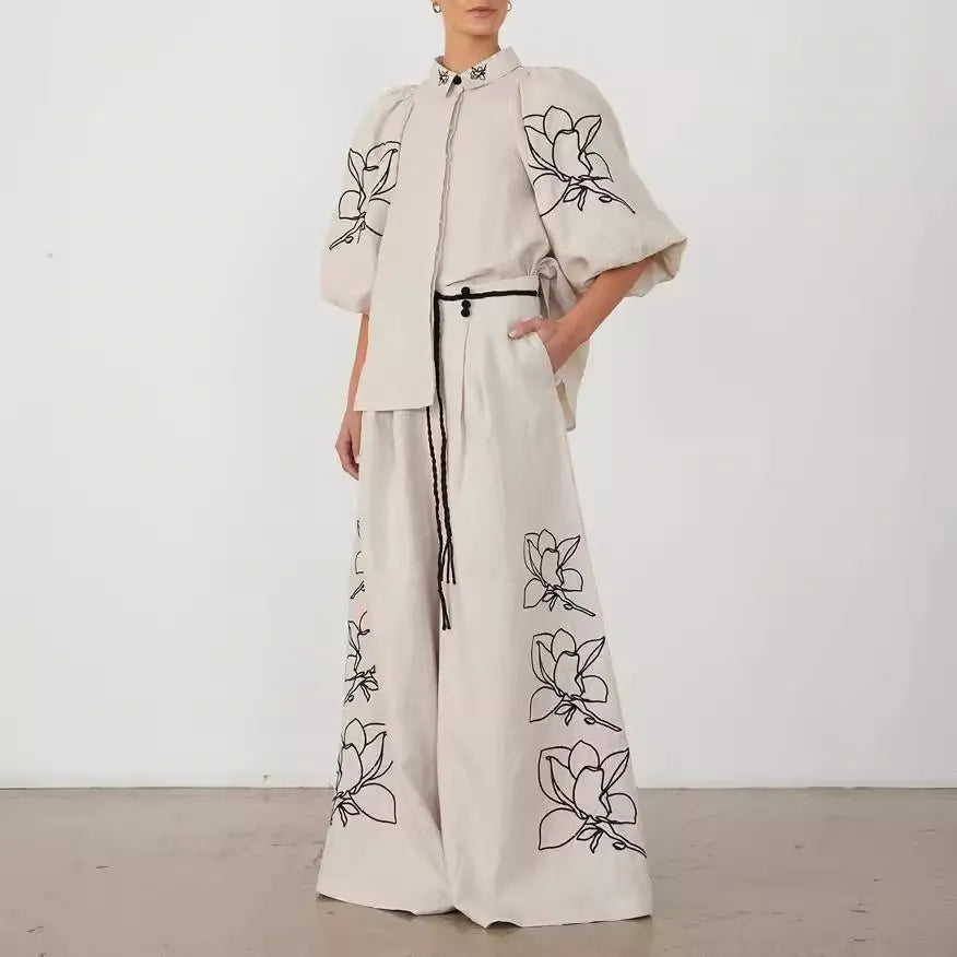 Womne's Floral Embroidery Linen Shirt & Wide Leg Pants 2 Piece Set