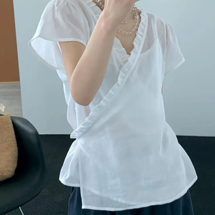 Ruffle Trim V Neck Wrap Front Solid Short Sleeve Minimalist Blouse