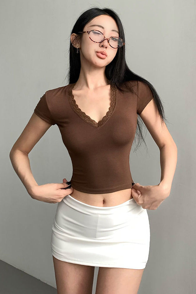Lace V-Neck Short Sleeve Crop Top Tee