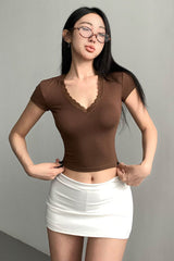 Lace V-Neck Short Sleeve Crop Top Tee