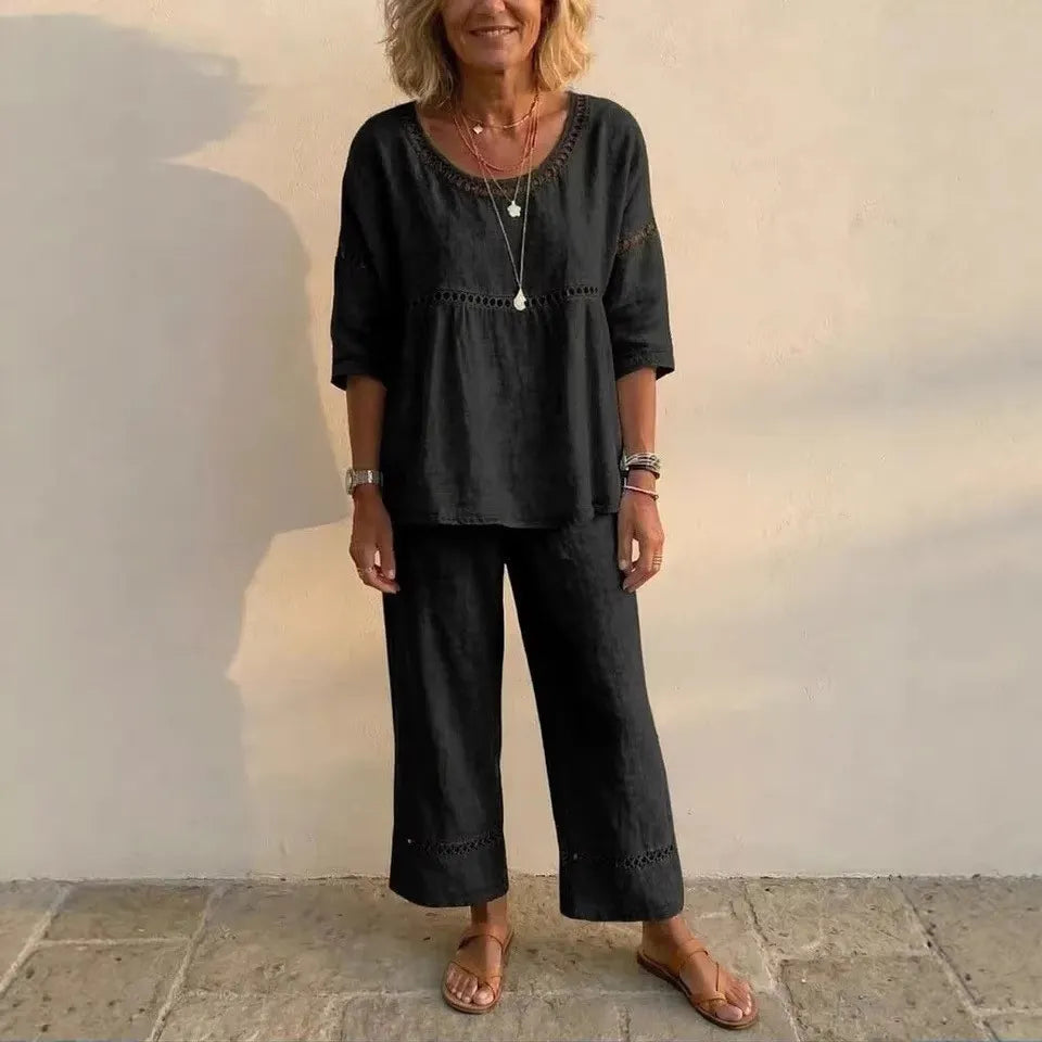 Linen Blend Eyelet 2-Piece Set, Round Neck Blouse and Wide Leg Pants