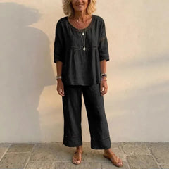 Linen Blend Eyelet 2-Piece Set, Round Neck Blouse and Wide Leg Pants