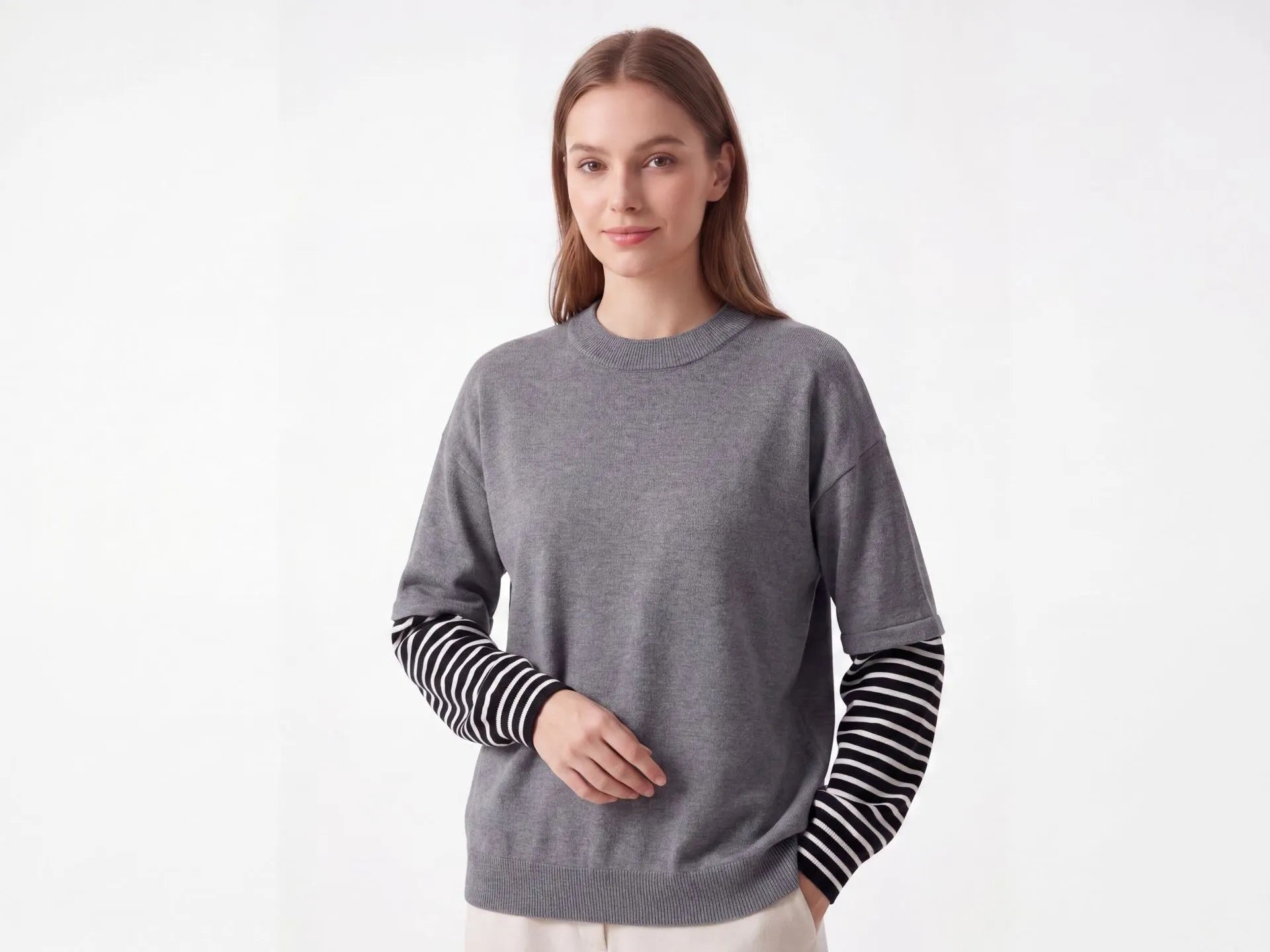 Color Block Stripe Cuff Round Neck Loose Knit Pullover Sweater
