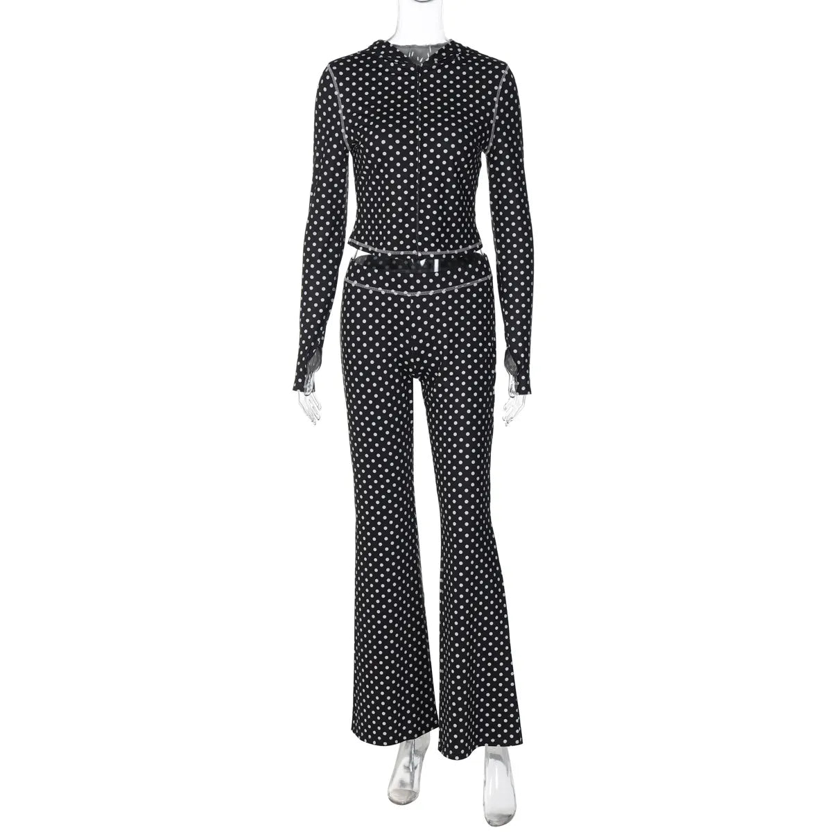 Polka Dot Two-Piece Loungewear Set, Long Sleeve Crop Top & Flare Pants