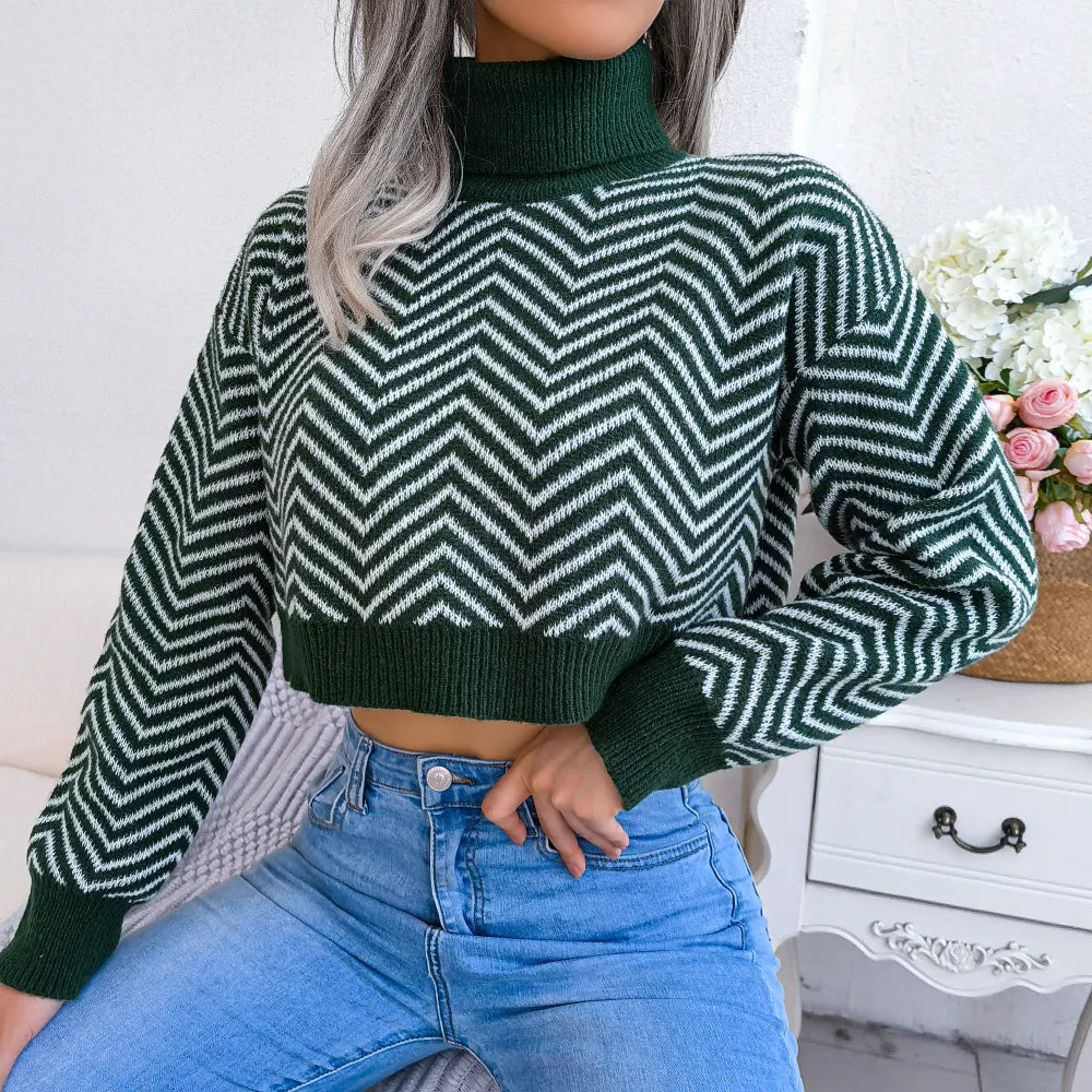 Turtleneck Chevron Striped Cropped Sweater