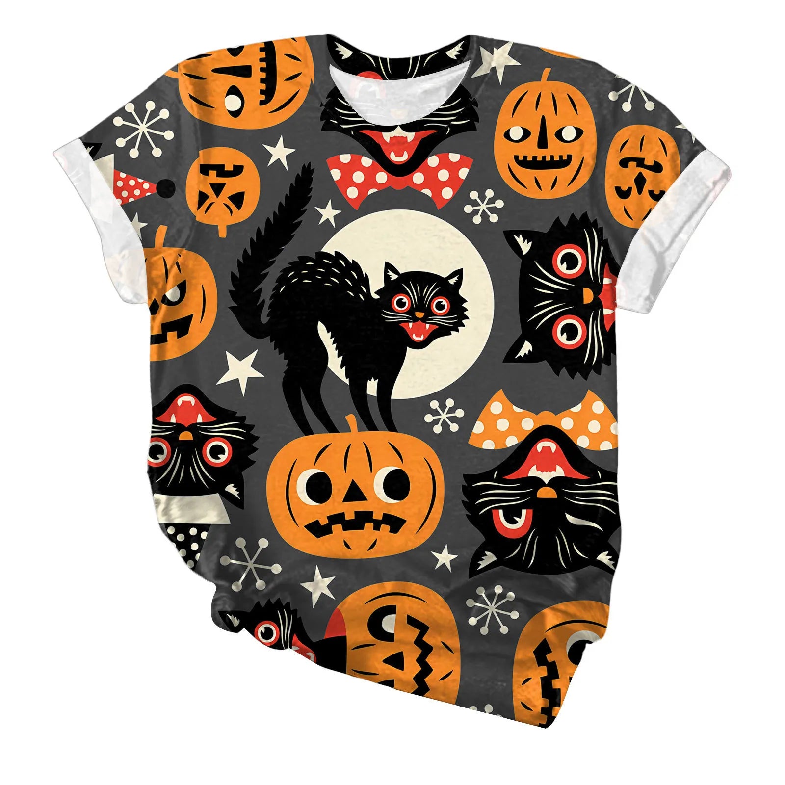 Halloween Black Cat Pumpkin Print Crew Neck Short Sleeve T‑Shirt
