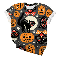 Halloween Black Cat Pumpkin Print Crew Neck Short Sleeve T‑Shirt
