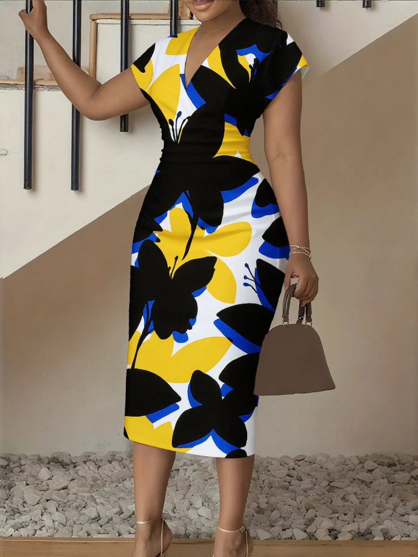 3D Stereoscopic Color Block Deep V-Neck Bodycon Midi Dress