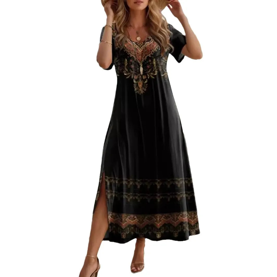 Floral Print Crew Neck Loose Split Maxi Dress