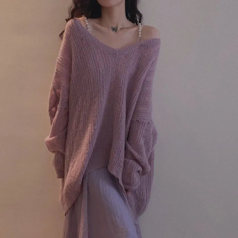 Oversized V‑Neck Loose Knit Sweater