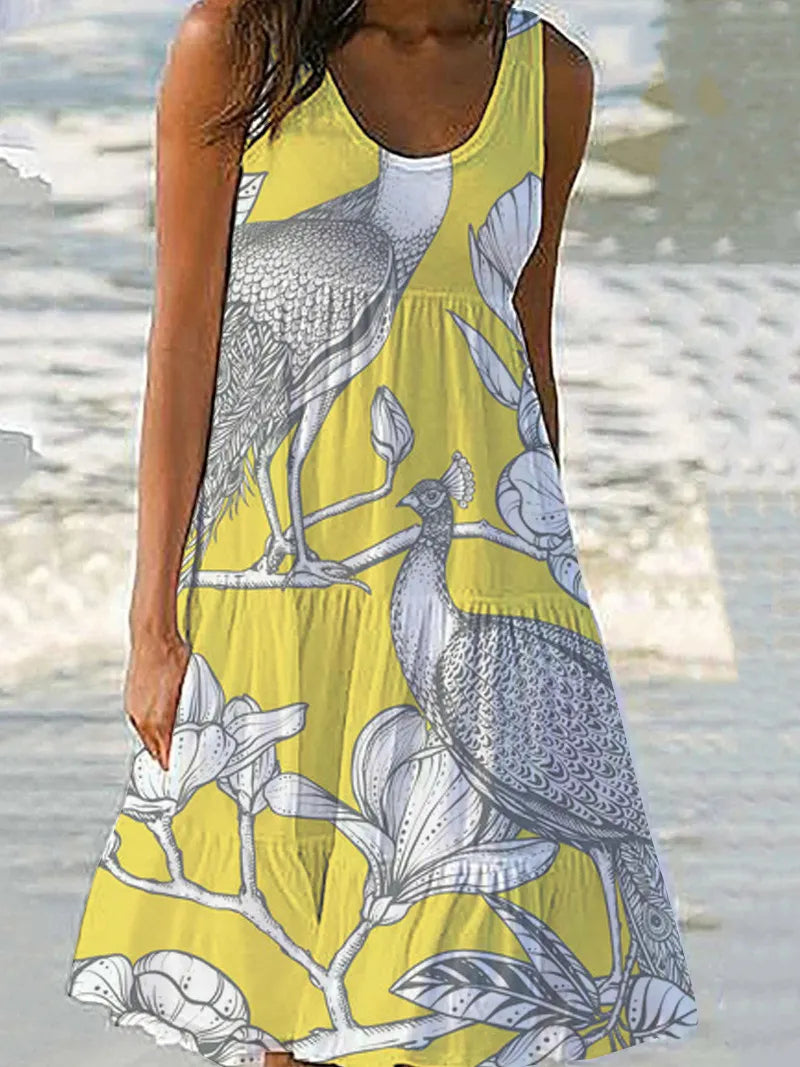 Floral Print Sleeveless Round Neck Tiered Midi Dress