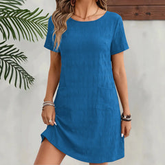 Solid Crew Neck Short Sleeve Casual Pocket Dress