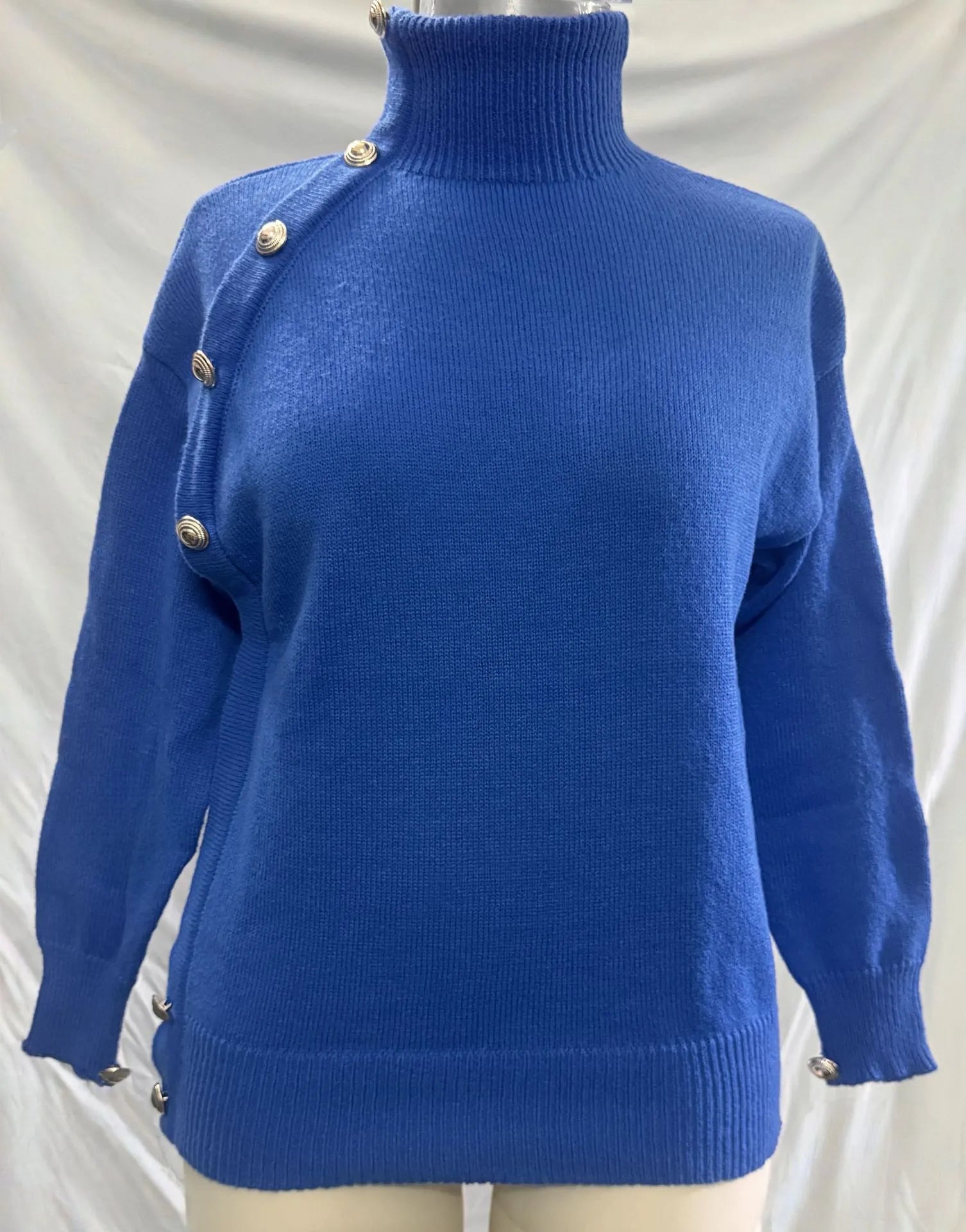Chic Blue Turtleneck Knit Sweater, Statement Side Gold Buttons Casual Fall Winter Top