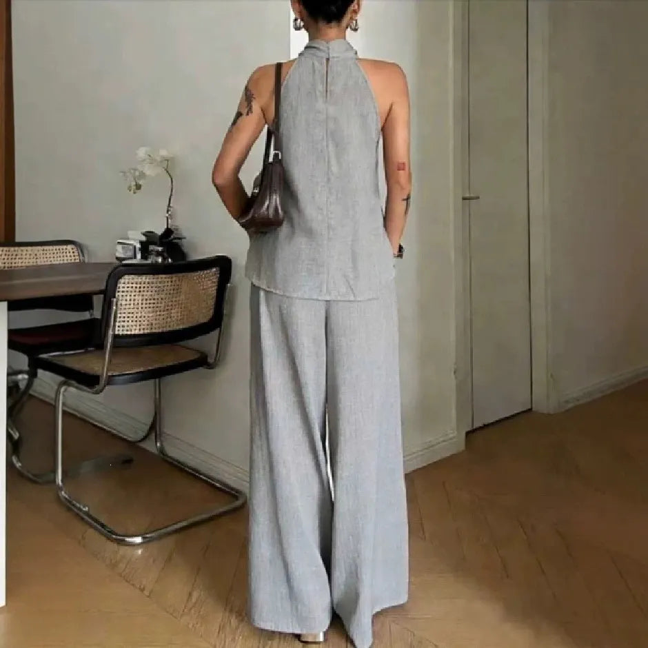 Linen Halter Top Wide Leg Pants Matching Two Piece Set