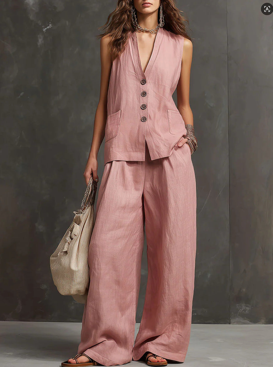 Linen-Blend Waistcoat & Wide-Leg Pants Set