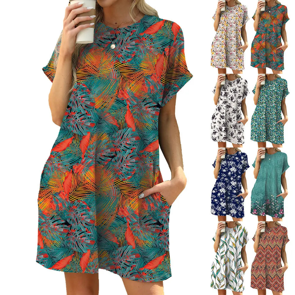 Round Neck Floral Print Loose A-Line Mini Dress With Side Pockets Casual Campus Daily Commuter Dress