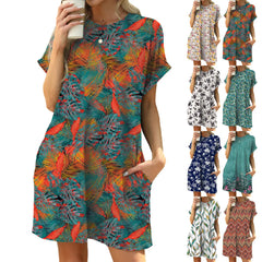 Round Neck Floral Print Loose A-Line Mini Dress With Side Pockets Casual Campus Daily Commuter Dress