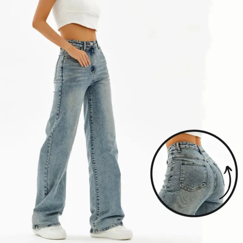 High Waist Stone Washed Blue High Stretch Loose Wide Leg Full Length Denim Jeans