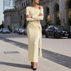 Light Yellow One-Shoulder Long Sleeve Mesh Waist Maxi Dress