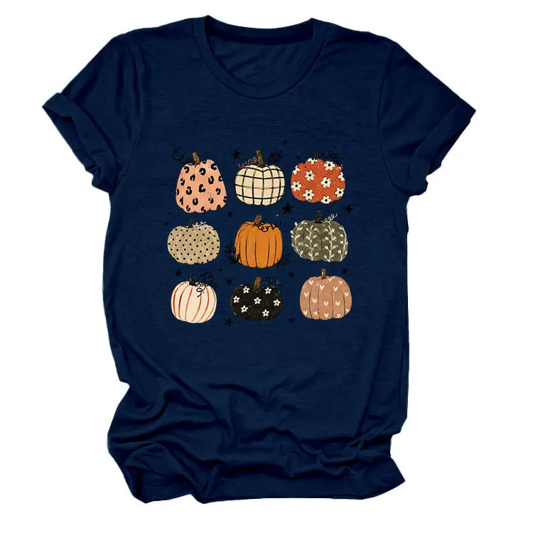 Leopard Floral Plaid Pumpkin Casual Short Sleeve Tee