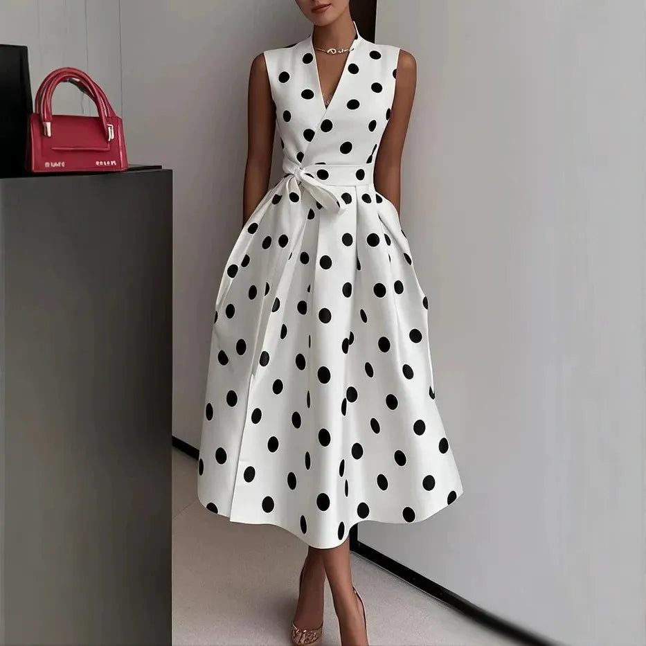 Polka Dot V Neck Sleeveless Wrap Tie High Waist A-Line Midi Dress