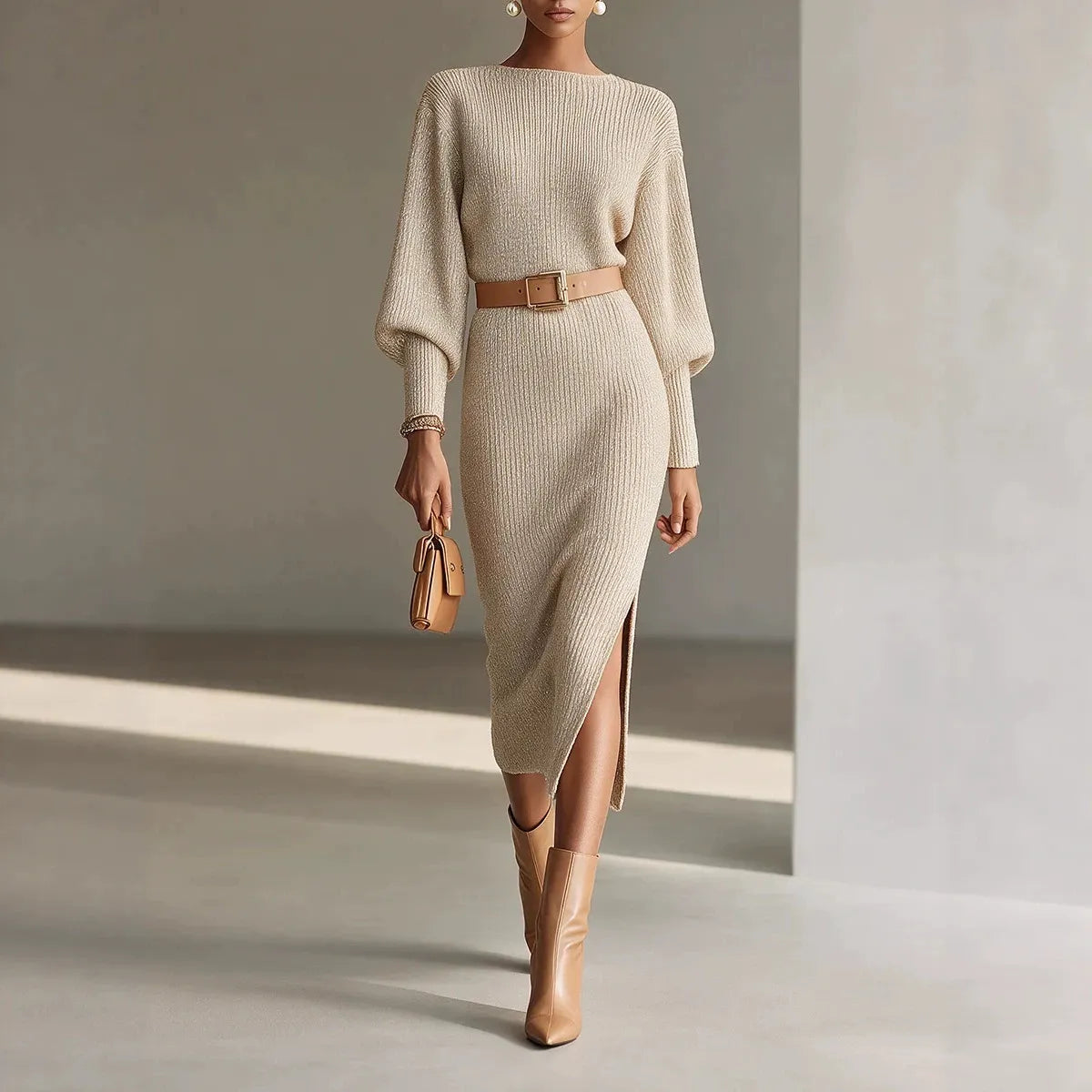 Boat Neck Batwing Sleeve Knit Midi Dress