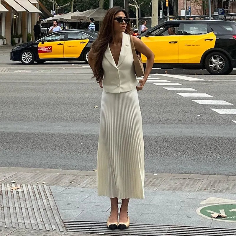 Sleeveless Blazer Vest & Pleated Midi Skirt 2 Piece Set